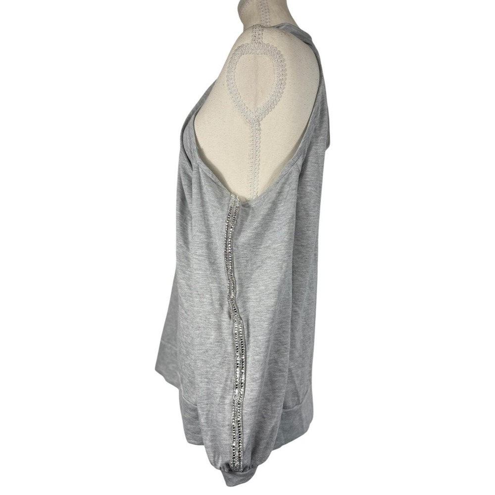 VENUS Cold Shoulder Top Womens L Gray Rhinestone Keyhole Halter Long Sleeve - Picture 7 of 17